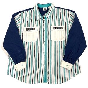 Vtg Together! Men Sz XL? Shirt Blue White Stripe Long Sleeve Button up Y2K 90s